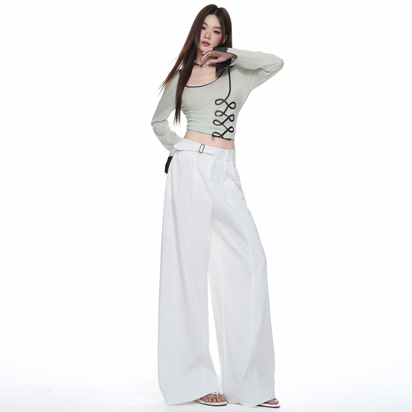 실사 레트로 카키 색 하이웨이스트 미니멀리즘 넓은 다리 캐주얼 바지 여성 한 부서 새로운 도루 센스 다용도 루즈핏 정장 바지 이미지 5