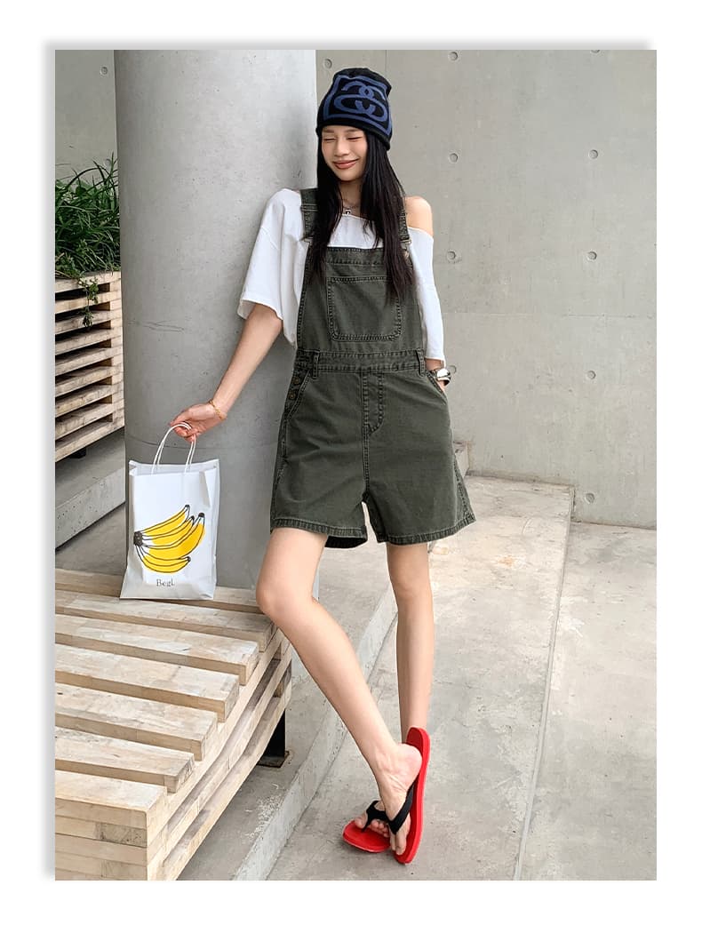 실사 아메리칸 레트로 외국 가스 연령 감소 루즈핏 데님 멜빵 반바지 여성 상세 이미지 11