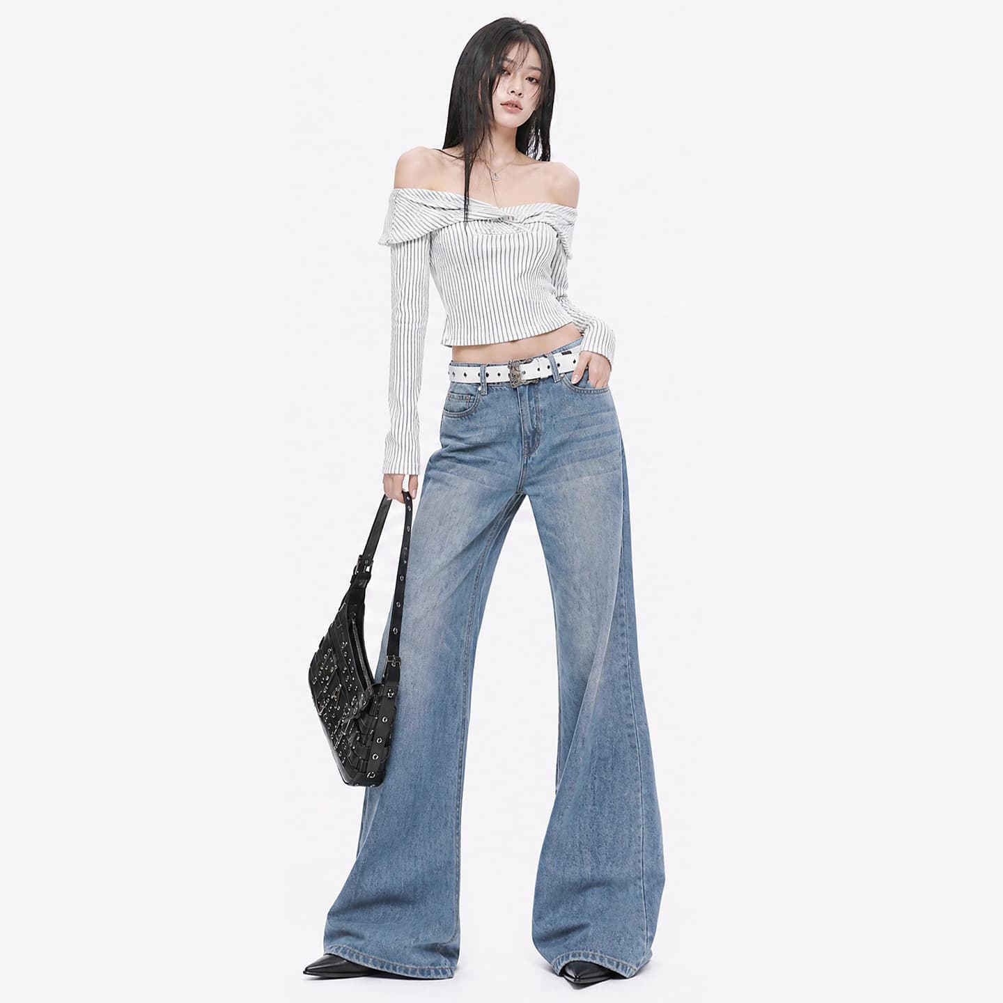 실사 im ~까지 시애틀 산책 레트로 블루스 자수 와이드 레깅스 바지 부츠컷 루즈핏 청바지 이미지 5