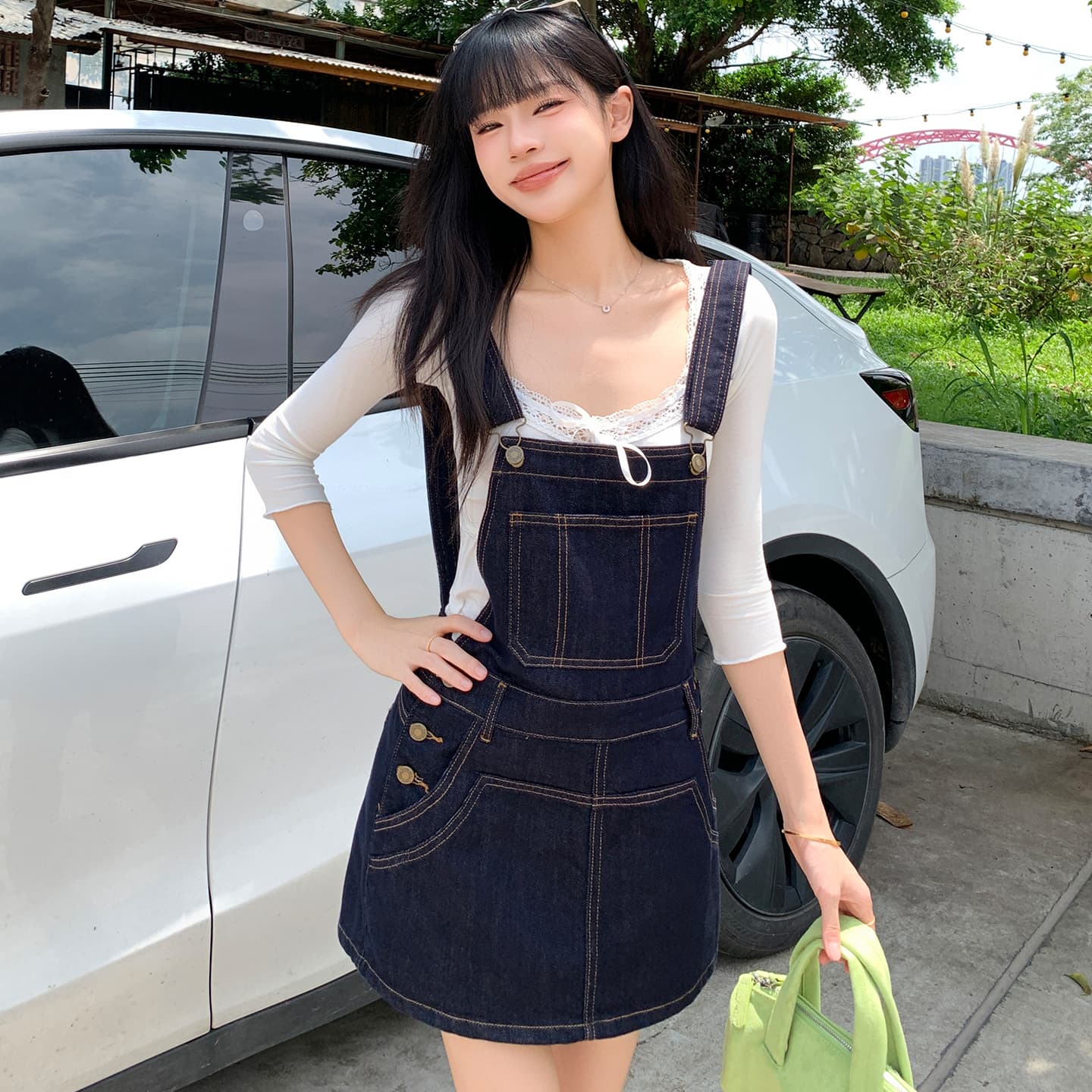 실사 아메리칸 레트로 외국 가스 연령 감소 국방 퇴색하다 루즈핏 데님 멜빵 반바지 여성 이미지 3