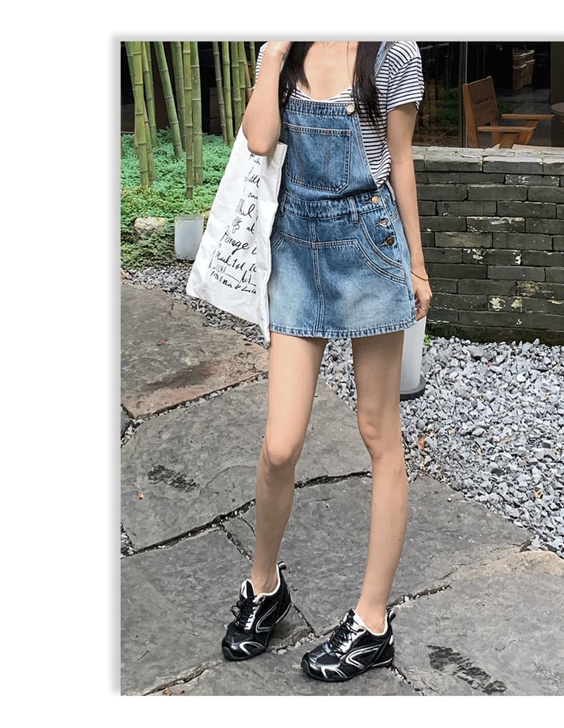 실사 아메리칸 레트로 외국 가스 연령 감소 국방 퇴색하다 루즈핏 데님 멜빵 반바지 여성 상세 이미지 14