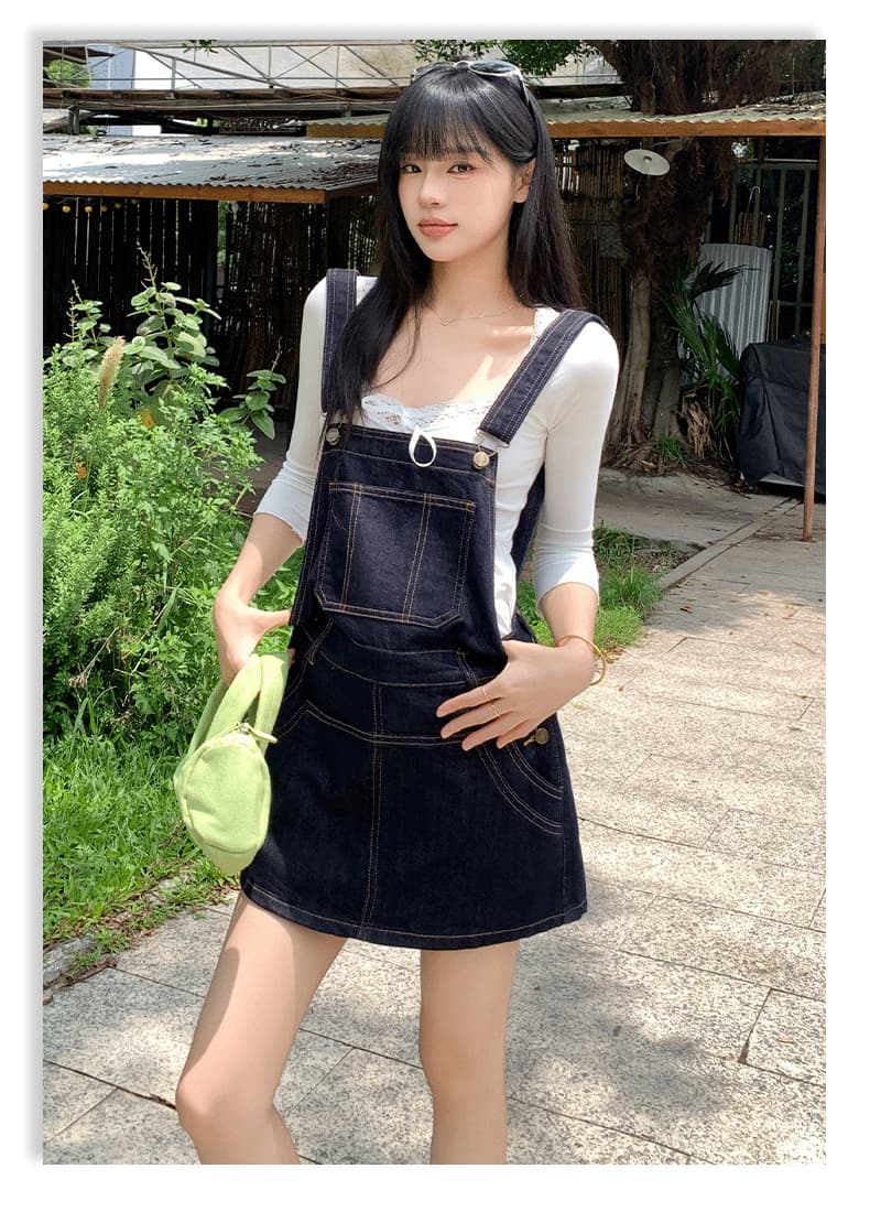 실사 아메리칸 레트로 외국 가스 연령 감소 국방 퇴색하다 루즈핏 데님 멜빵 반바지 여성 상세 이미지 32