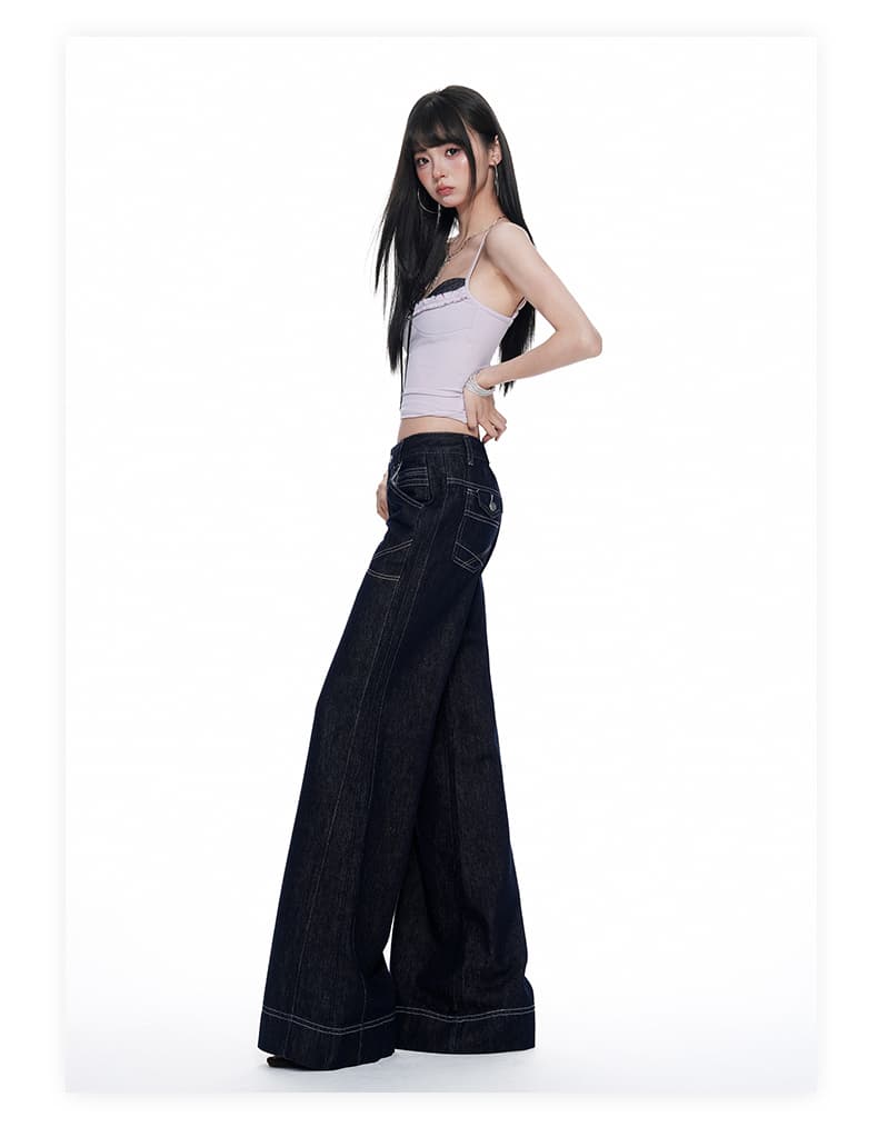 실사 이른 가을 새로운 아메리칸 레트로 떨어지지 않음 색상 워싱 명시적 스티치 장식 디자인 로우 웨이스트 루즈핏 나팔 청바지 상세 이미지 15