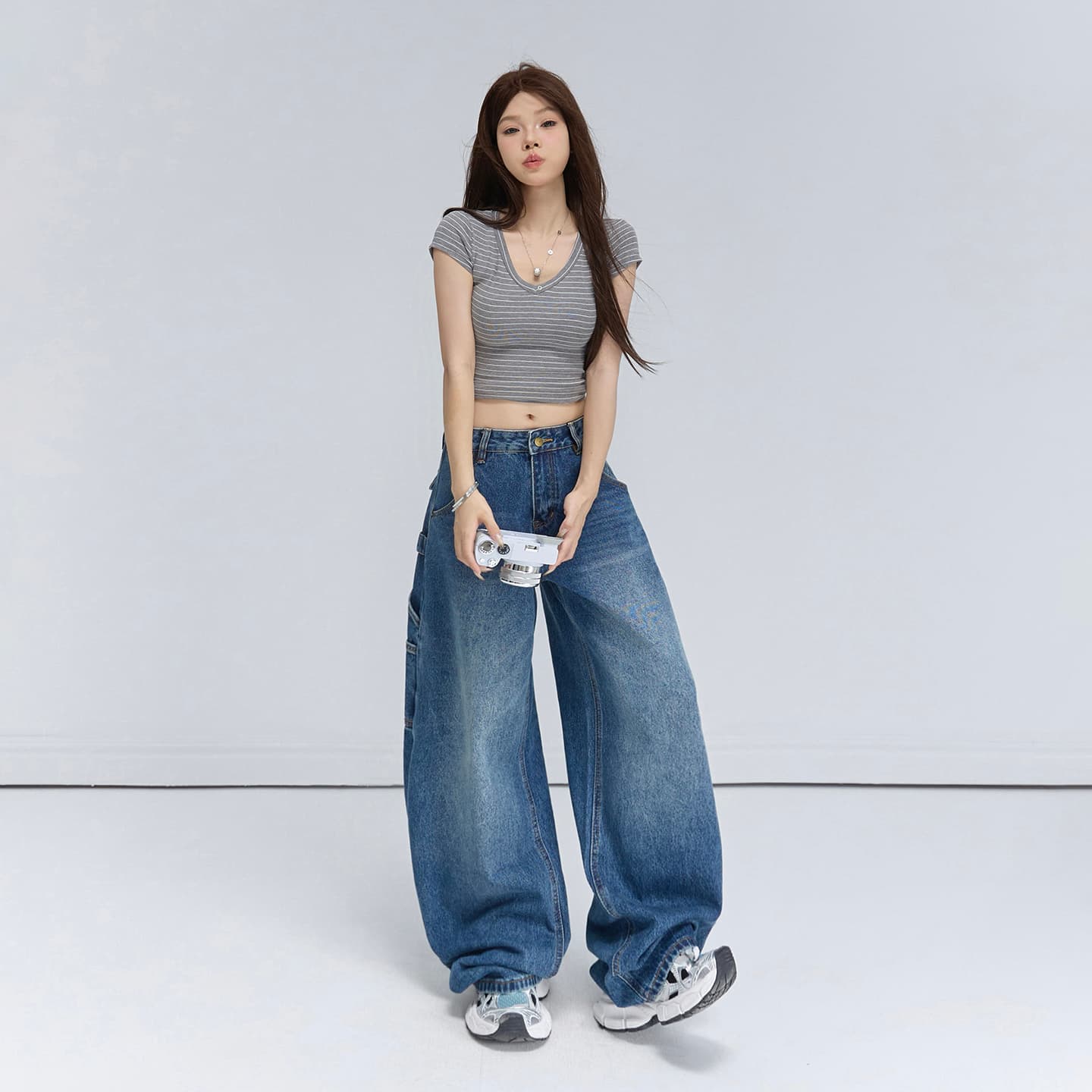 실사 아메리칸 레트로 루즈핏 와이드 레그 팬츠 워크웨어 팬츠 다용도 모통이 칼 바지 청바지 여성 2026 새로운