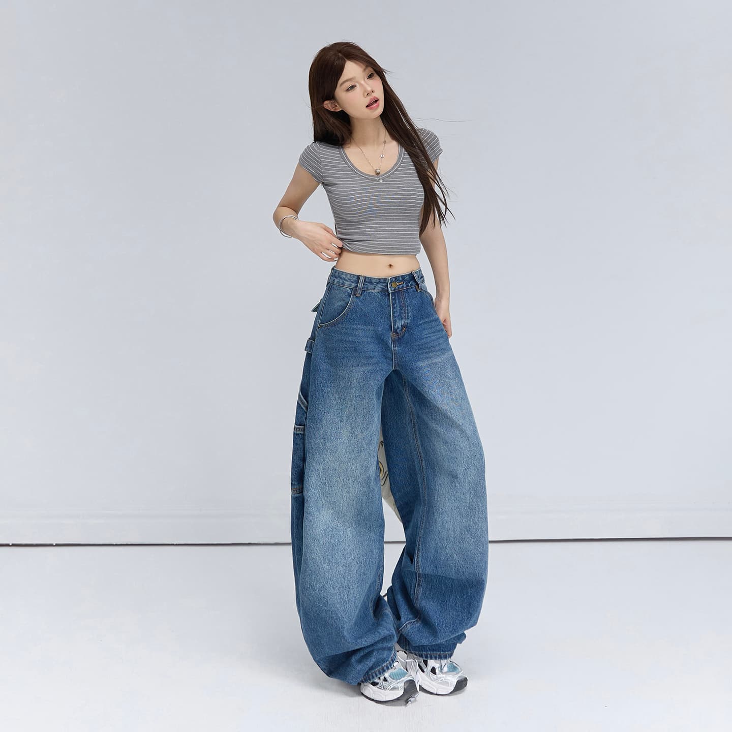 실사 아메리칸 레트로 루즈핏 와이드 레그 팬츠 워크웨어 팬츠 다용도 모통이 칼 바지 청바지 여성 2026 새로운 이미지 2