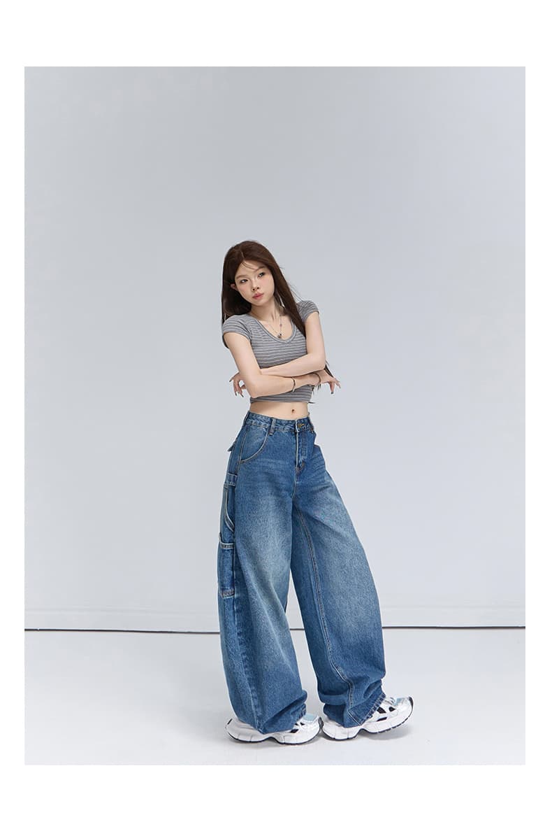 실사 아메리칸 레트로 루즈핏 와이드 레그 팬츠 워크웨어 팬츠 다용도 모통이 칼 바지 청바지 여성 2026 새로운 상세 이미지 2