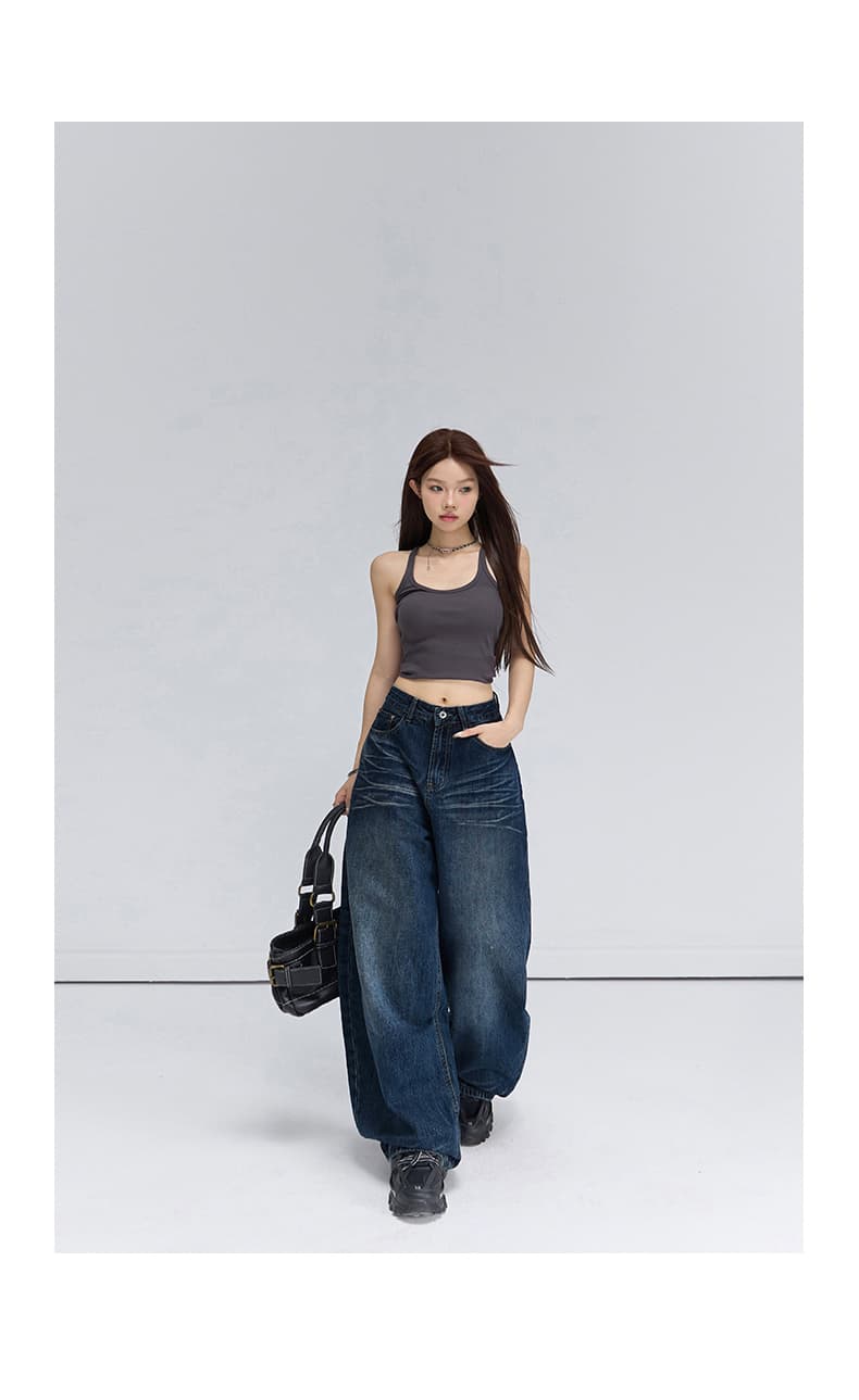 실사 아메리칸 레트로 워싱 고양이 곡물 하이웨이스트 루즈핏 와이드 레그 팬츠 도루 센스 다용도 스트레이트 청바지 여성 상세 이미지 17