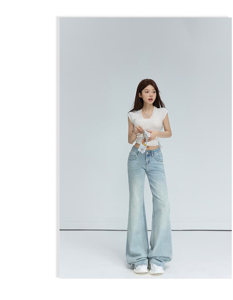 실사 4 색 아메리칸 레트로 로우 웨이스트 핫걸 나팔 바지 마이크로 폭탄 다용도 ins 몸매 가꾸기 슬림해 보이는 청바지 여성 상세 이미지 11