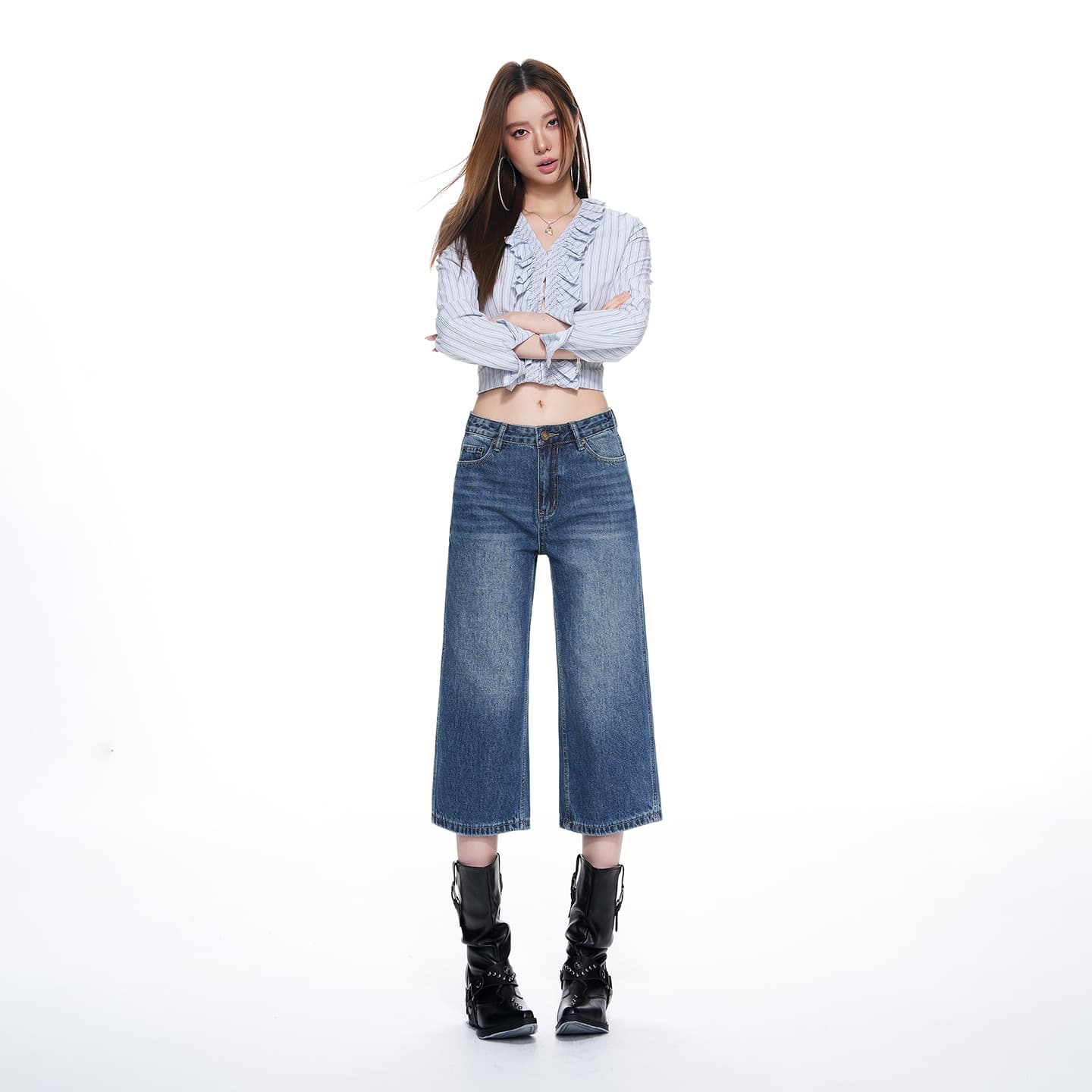 실사 26 년 가을 새로운 로우 웨이스트 디자인 센스 바지 스트레이트 마이크로 루즈핏 무거운 워싱 데님 7부 바지 여성 이미지 4