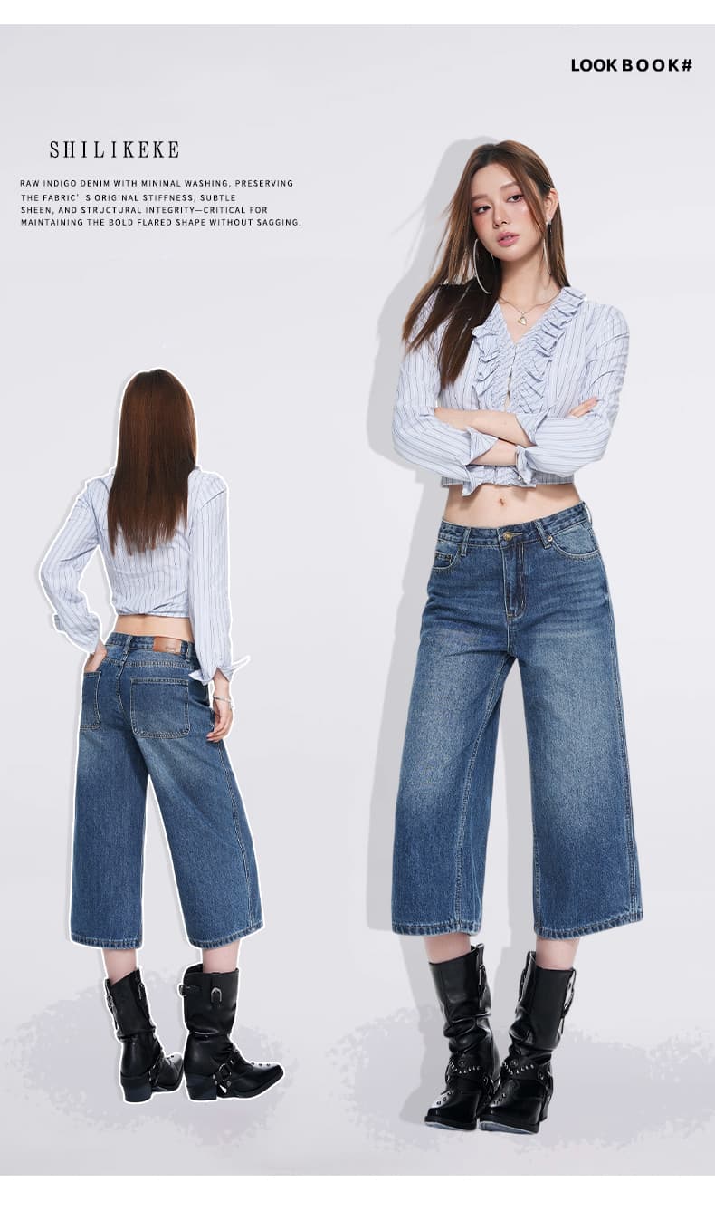 실사 26 년 가을 새로운 로우 웨이스트 디자인 센스 바지 스트레이트 마이크로 루즈핏 무거운 워싱 데님 7부 바지 여성 상세 이미지 1