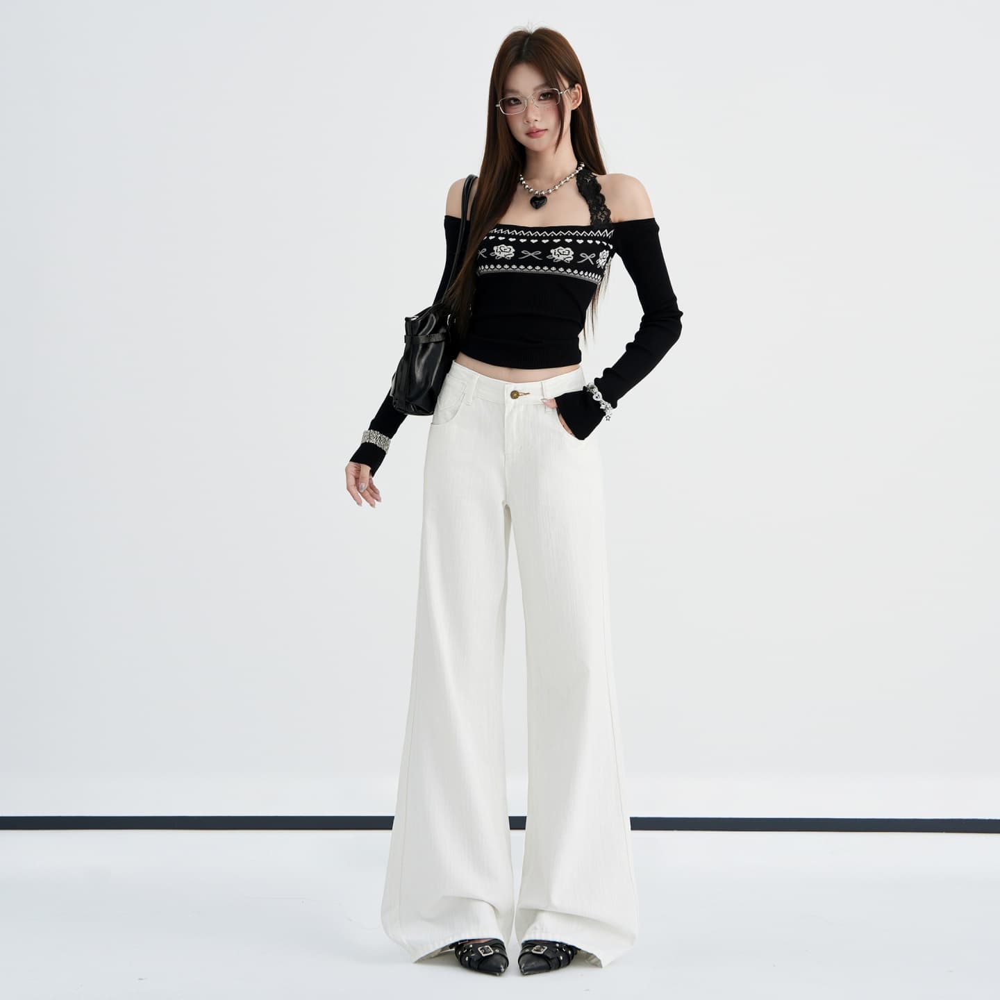 실사 달콤한 차가운 바람 화이트 부츠컷 청바지 여성 이른 가을 새로운 개성 등 허리 금속 단추 자수 바닥 청소 바지 이미지 2