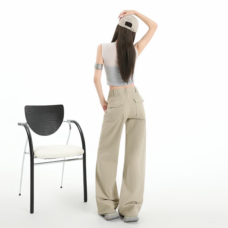 실사 아메리칸 카키 커피 색상 워크웨어 캐주얼 바지 여성 2026 가을 겨울철 새로운 하이웨이스트 루즈핏 슬림해 보이는 스트레이트 팬츠 이미지 2