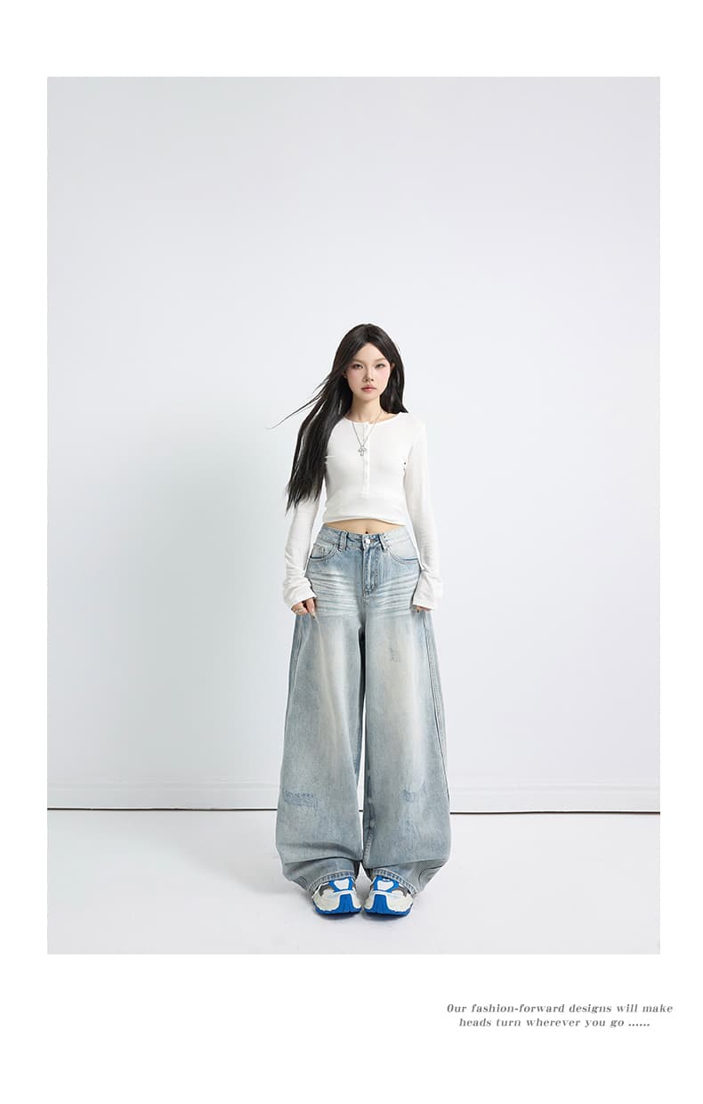 실사 아메리칸 레트로 워싱 하이웨이스트 루즈핏 와이드 레그 팬츠 다용도 도루 센스 찢어진 찢어진 부분 스트레이트 청바지 여성 상세 이미지 10
