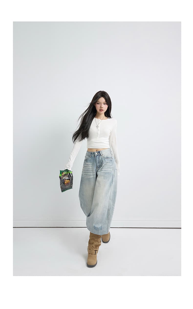 실사 아메리칸 레트로 워싱 하이웨이스트 루즈핏 와이드 레그 팬츠 다용도 도루 센스 찢어진 찢어진 부분 스트레이트 청바지 여성 상세 이미지 19