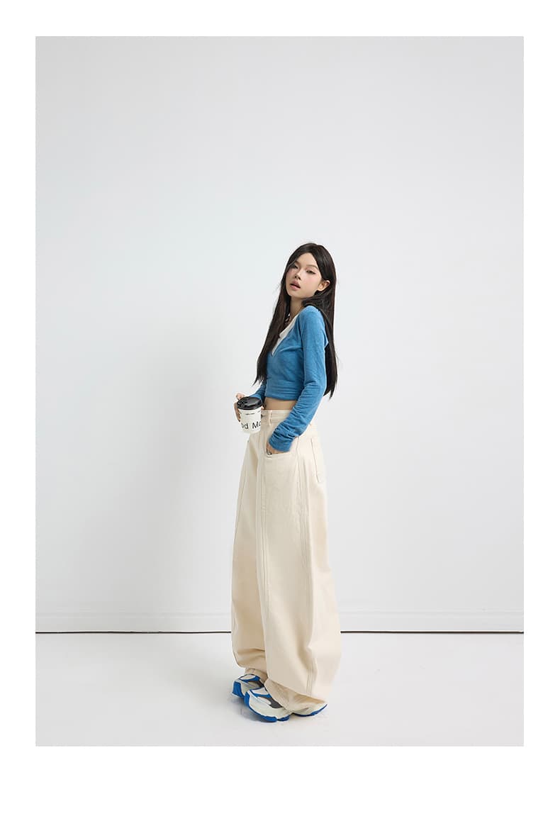 실사 아메리칸 레트로 하이웨이스트 살구 색상 루즈핏 와이드 레그 팬츠 다용도 모통이 칼 바지 가을 겨울 청바지 여성 바나나 바지 상세 이미지 8