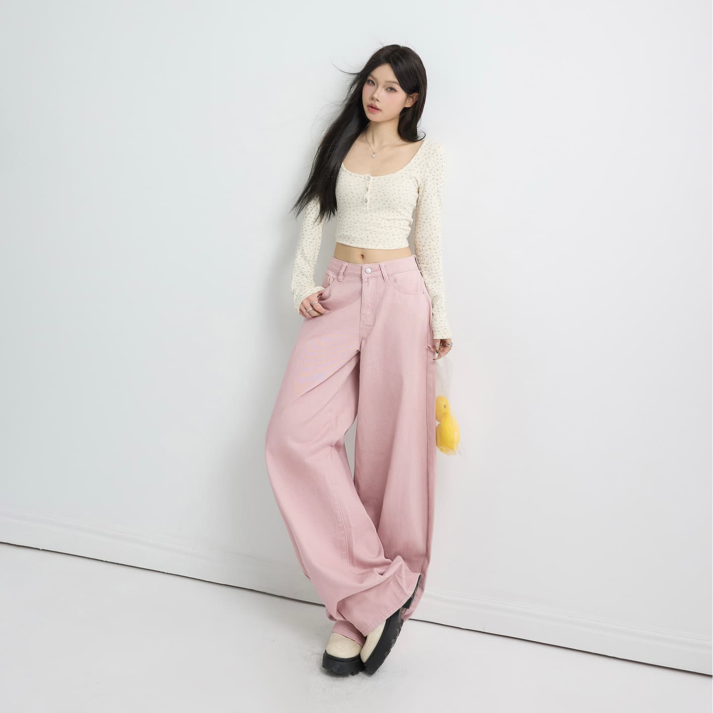실사 아메리칸 레트로 하이웨이스트 루즈핏 와이드 레그 팬츠 다용도 도루 센스 봄 여름 모통이 칼 바지 2026 새로운 청바지 여성 이미지 4
