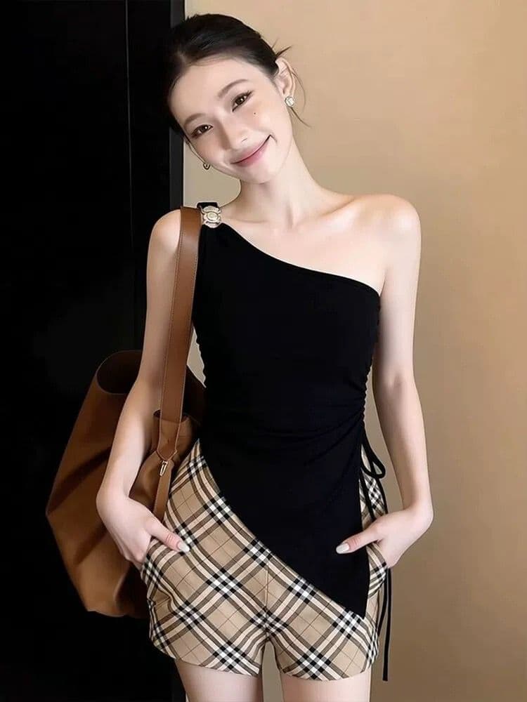 실사 순수한 욕망 달콤한 핫걸 불규칙 펌프 Pleat 캐미솔 아름다운 Chic 디자인 센스 몸매 가꾸기 맨위 여름