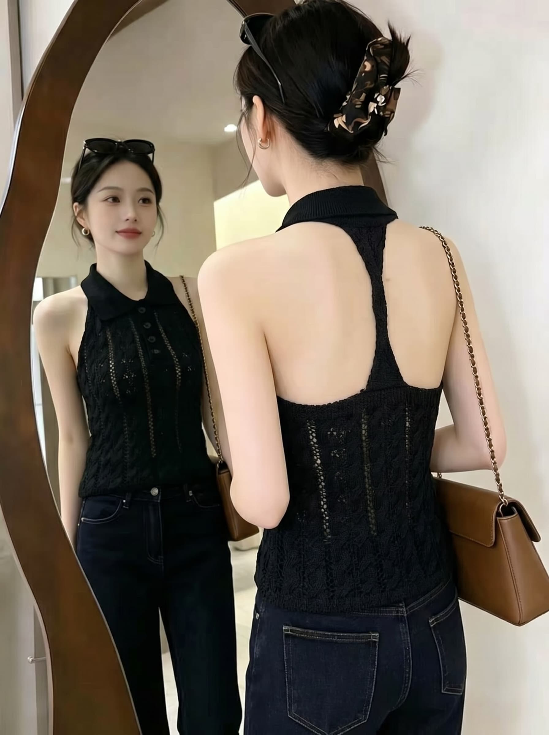 실사 한 캐주얼 섹션 작은 셔츠 한 스타일 캐주얼 루즈핏 슬림해 보이는 홀로우 아웃 부드러운 찹쌀 니트 스웨터 작은 셔츠 cx2128 상세 이미지 3