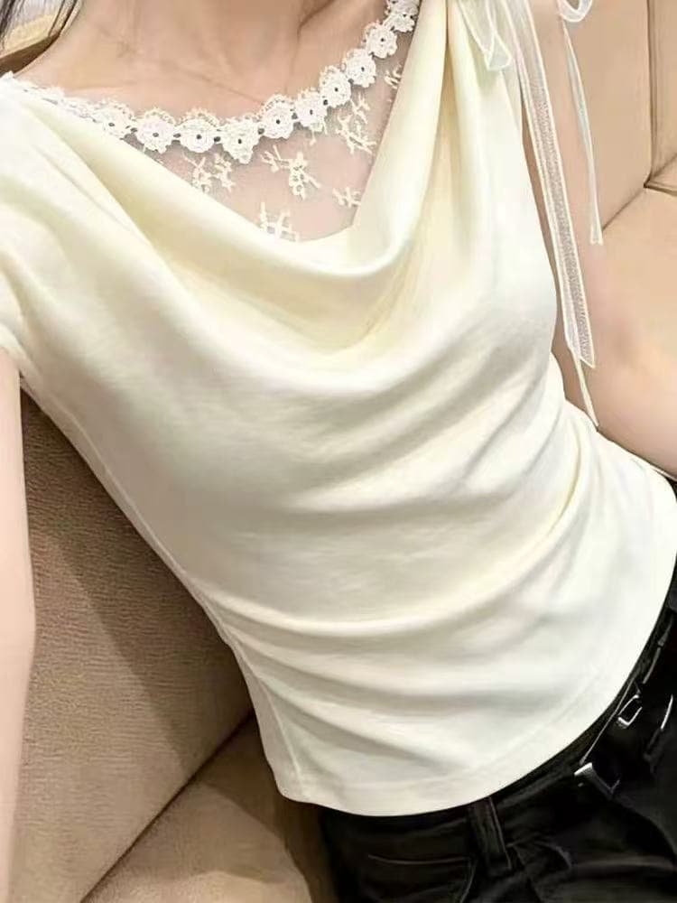 실사 여름 달콤한 핫걸 레이스 조각 페이크 레이어드 흔들다 칼라 반팔 티셔츠 여성 꼬집기 허리 슬림해 보이는 아름다운 맨위 이미지 2