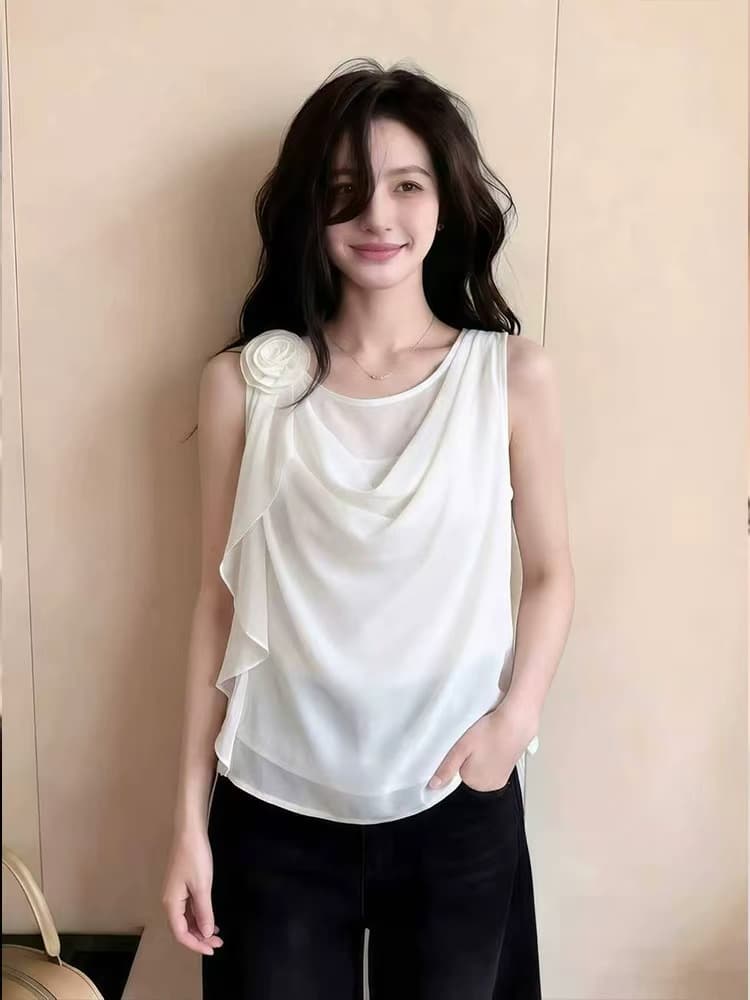 프랑스식 자이언트 잘 생긴 3 차원 꽃 리본 흔들다 칼라 캐미솔 디자인 센스 여름 달콤한 핫걸 민소매 맨위 상세 이미지 1