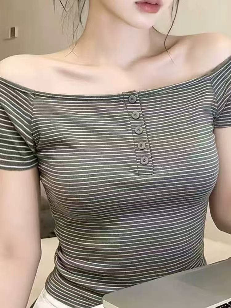 실사 여름 핫걸 한 단어 오프숄더 쇄골 스트라이프 반팔 티셔츠 여성 디자인 센스 몸매 가꾸기 슬림해 보이는 쇼트 스타일 맨위 상세 이미지 2