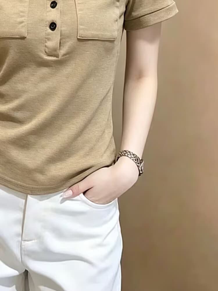 실사 여름 아메리칸 레트로 POLO 칼라 몸매 가꾸기 슬림해 보이는 반팔 티셔츠 여성 고유 한 절대적으로 핫걸 디자인 센스 맨위 상세 이미지 3