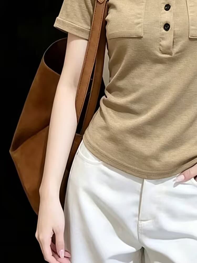 실사 여름 아메리칸 레트로 POLO 칼라 몸매 가꾸기 슬림해 보이는 반팔 티셔츠 여성 고유 한 절대적으로 핫걸 디자인 센스 맨위 상세 이미지 4