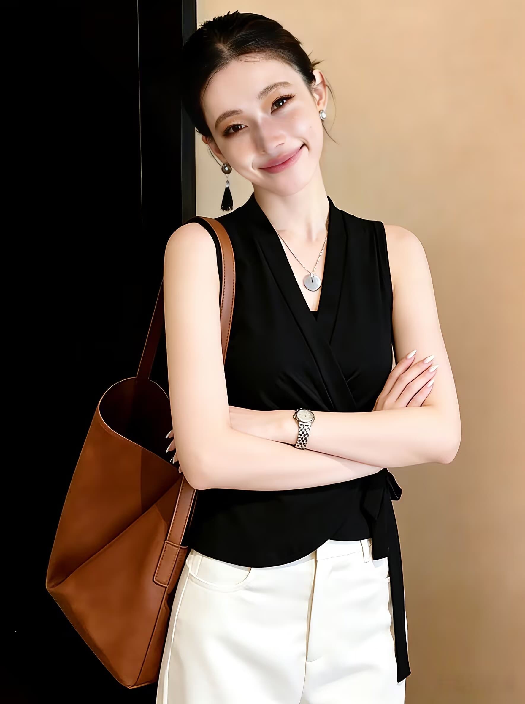 실사 여름 프랑스식 V넥 품격 레이스업 핫걸 캐미솔 외출용 쇼트 스타일 순수한 욕망 민소매 맨위 이미지 4