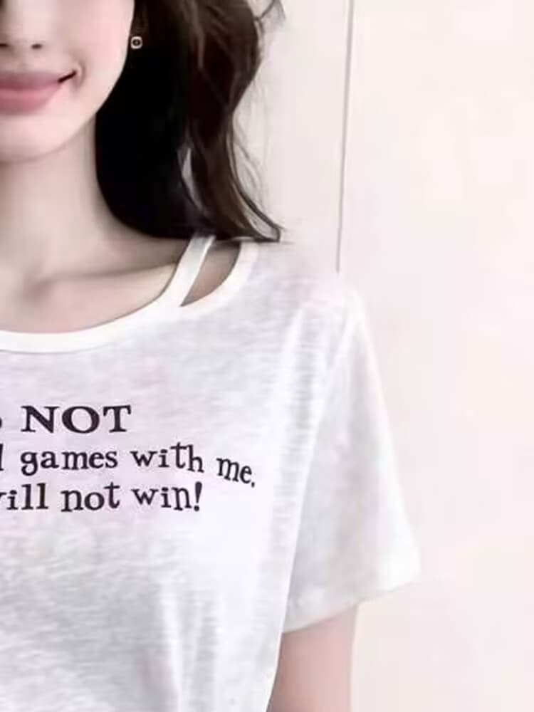 실사 여름 달콤한 핫걸 디자인 센스 불규칙 홀로우 아웃 배색 알파벳 프린트 반팔 티셔츠 여성 몸매 가꾸기 맨위 이미지 3