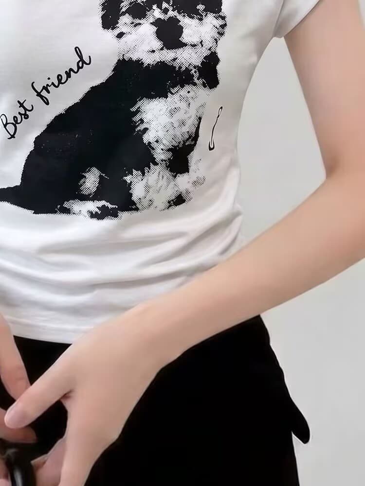 실사 섹시함 달콤한 핫걸 도트 무늬 레이스업 비스듬한 칼라 오프숄더 화이트 프린트 반팔 티셔츠 여성 여름 슬림해 보이는 맨위 상세 이미지 2