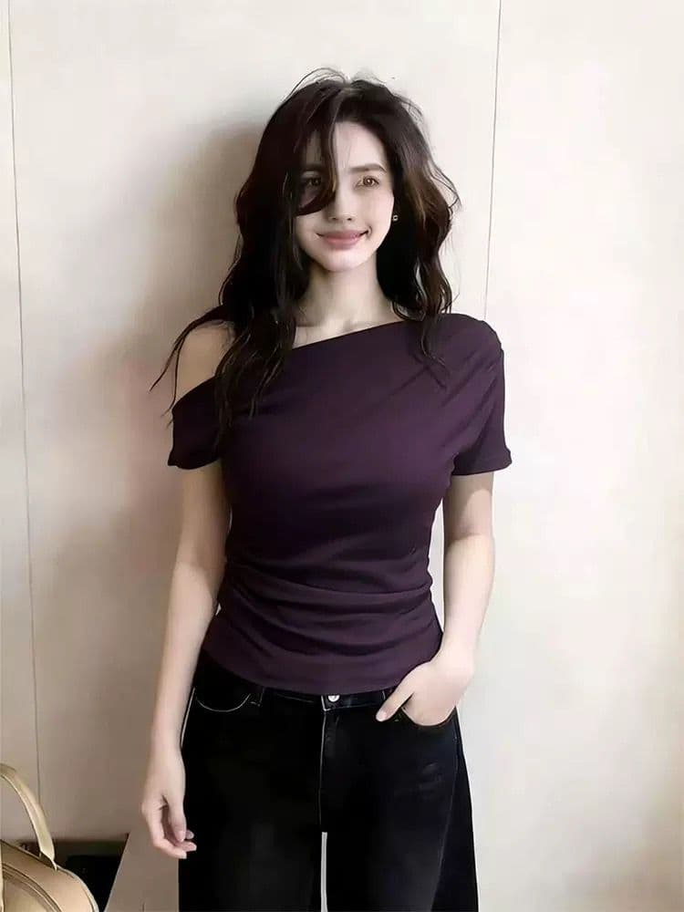 실사 여름 품격 빛 요리 한 핫걸 비스듬한 어깨 몸매 가꾸기 슬림해 보이는 반팔 티셔츠 여성 고급 디자인 센스 섹시함 맨위 상세 이미지 1