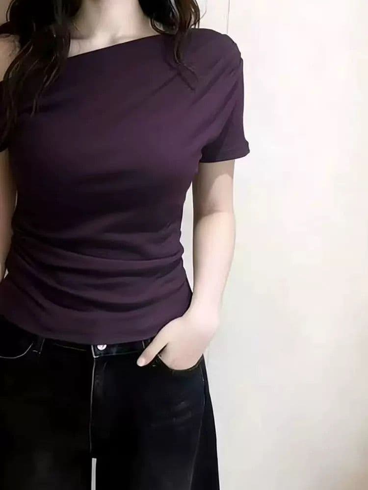 실사 여름 품격 빛 요리 한 핫걸 비스듬한 어깨 몸매 가꾸기 슬림해 보이는 반팔 티셔츠 여성 고급 디자인 센스 섹시함 맨위 상세 이미지 4