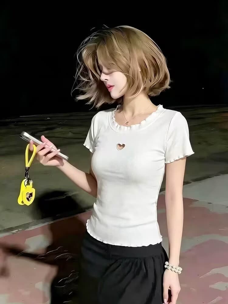 실사 프랑스식 하트 핫걸 프릴 반팔 티셔츠 여성 고유 한 Chic 고급 작은 대중 디자인 센스 맨위 여름 상세 이미지 3