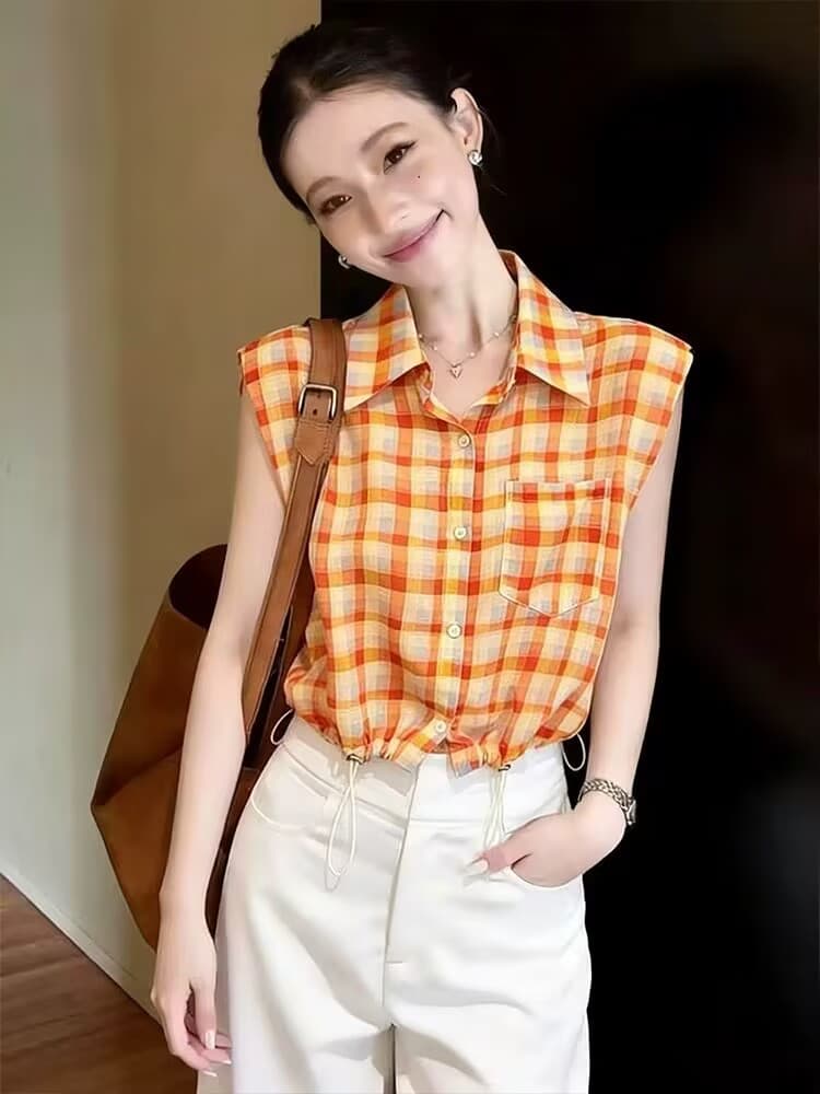 실사 여름 순수한 욕망 핫걸 펌프 Pleat 쇼트 스타일 맨위 디자인 센스 배색 체크무늬 POLO 칼라 민소매 여성 셔츠