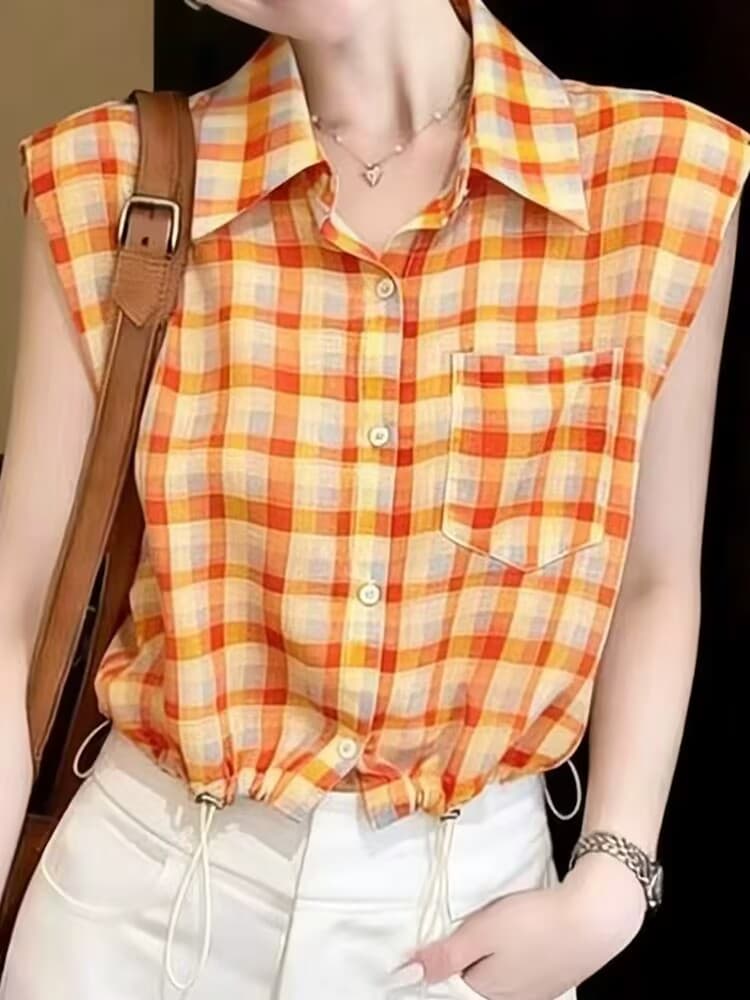 실사 여름 순수한 욕망 핫걸 펌프 Pleat 쇼트 스타일 맨위 디자인 센스 배색 체크무늬 POLO 칼라 민소매 여성 셔츠 상세 이미지 2