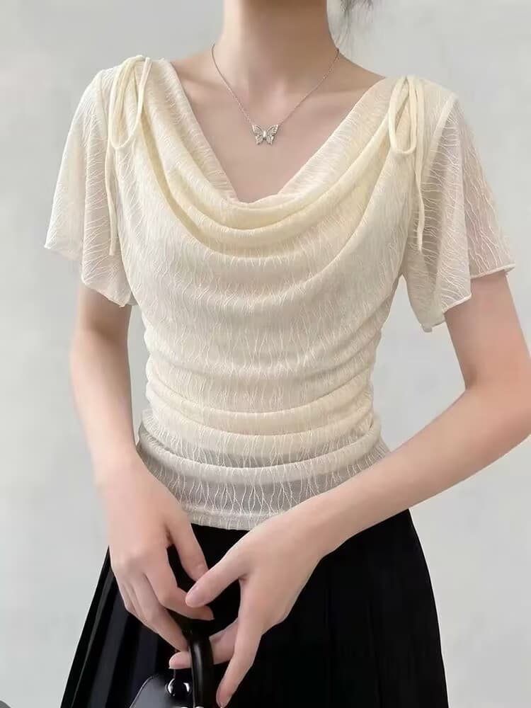 실사 프랑스식 슈퍼 요정 얇은 스타일 나비 넥타이 흔들다 칼라 반팔 티셔츠 여성 여름 핫걸 주름 꼬집기 허리 위로 의류