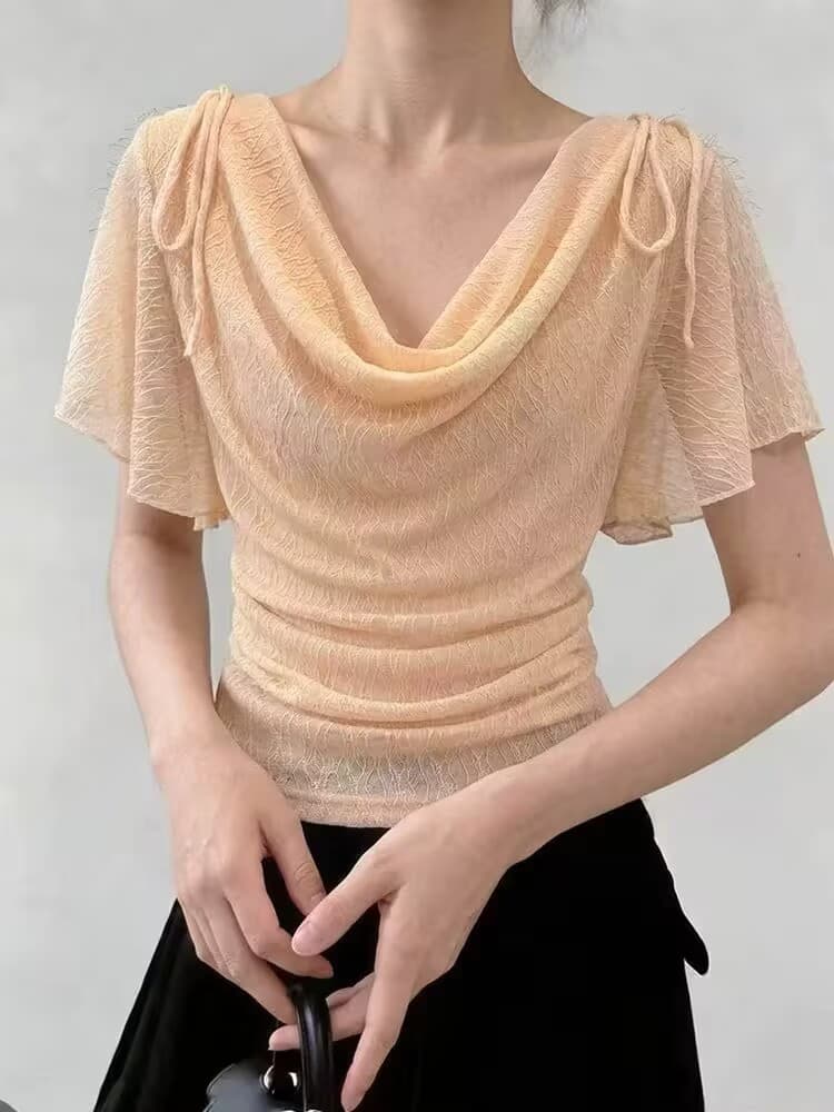 실사 프랑스식 슈퍼 요정 얇은 스타일 나비 넥타이 흔들다 칼라 반팔 티셔츠 여성 여름 핫걸 주름 꼬집기 허리 위로 의류 이미지 2