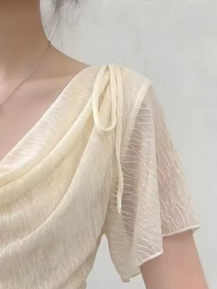 실사 프랑스식 슈퍼 요정 얇은 스타일 나비 넥타이 흔들다 칼라 반팔 티셔츠 여성 여름 핫걸 주름 꼬집기 허리 위로 의류 상세 이미지 5