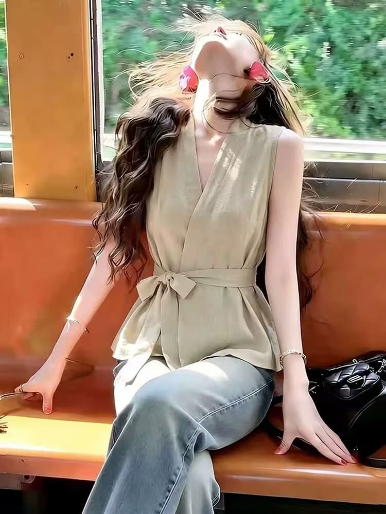 여름 고유 한 Chic 십자가 V넥 민소매 조끼 조끼 여성 디자인 센스 핫걸 몸매 가꾸기 스트랩 허리 수축 맨위
