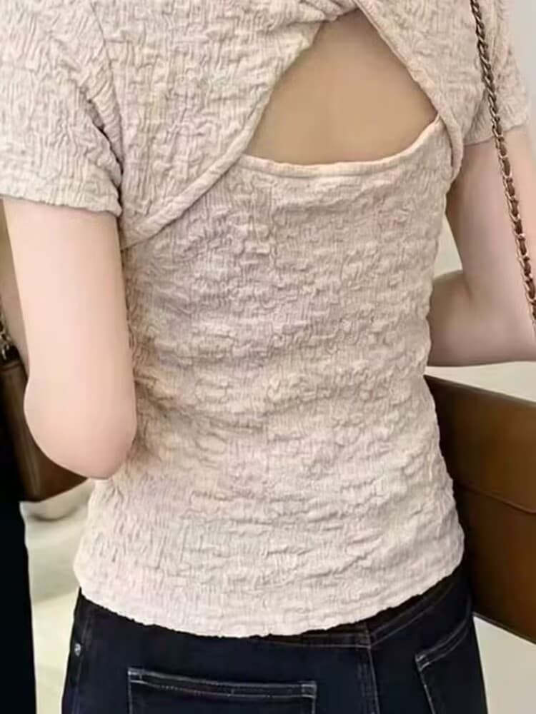 실사 여름 프랑스식 섹시함 달콤한 핫걸 백리스 홀로우 아웃 Chic 반팔 티셔츠 여성 V넥 다용도 디자인 센스 맨위 이미지 2