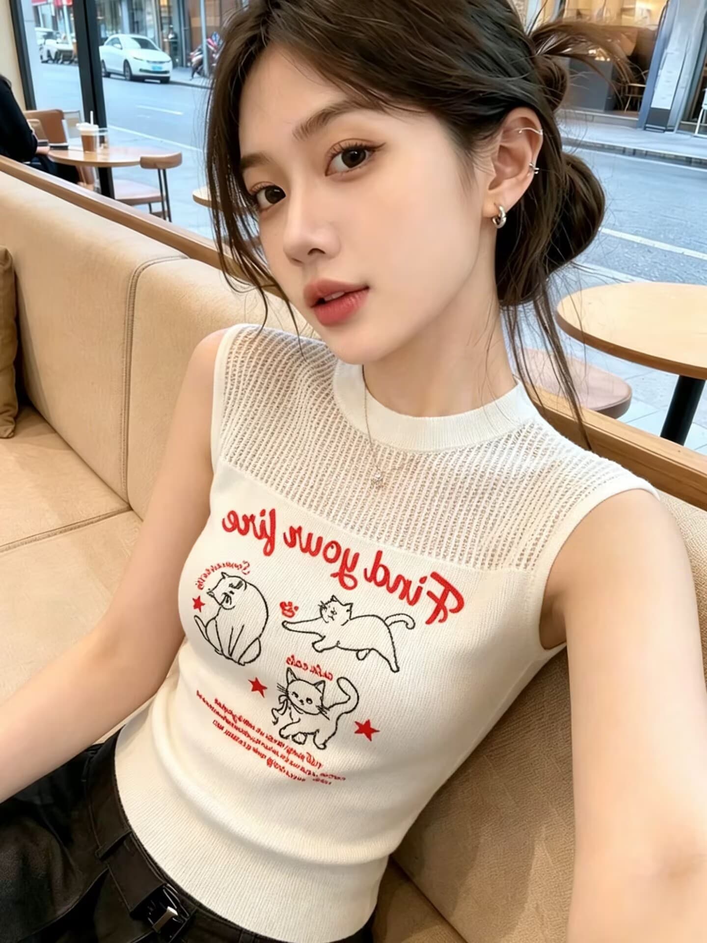 실사 한 부서 라운드 넥 홀로우 아웃 프린트 얇은 스타일 조끼 니트 스웨터 여성 2026 여름 새로운 슬림해 보이는 외국 가스 맨위