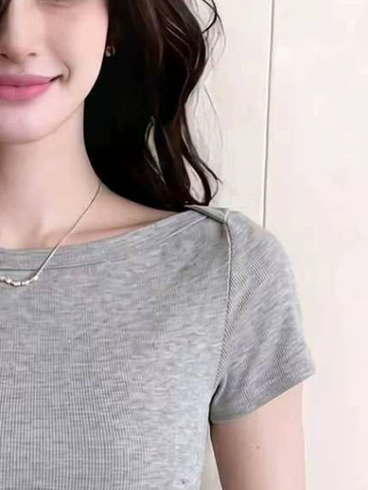 실사 여름 고유 한 Chic 몸매 가꾸기 긍정적 인 어깨 반팔 티셔츠 여성 디자인 센스 핫걸 불규칙 쇼트 스타일 맨위 상세 이미지 3
