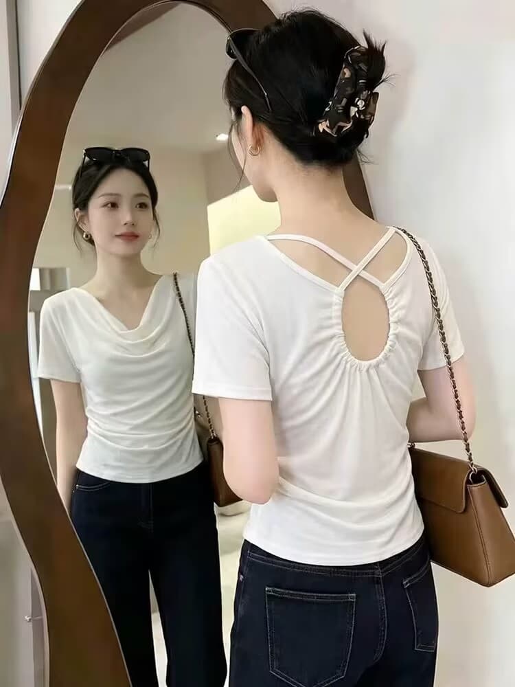 실사 여름 프랑스식 품격 섹시함 핫걸 홀로우 아웃 백리스 반팔 티셔츠 여성 고유 한 Chic 디자인 센스 맨위