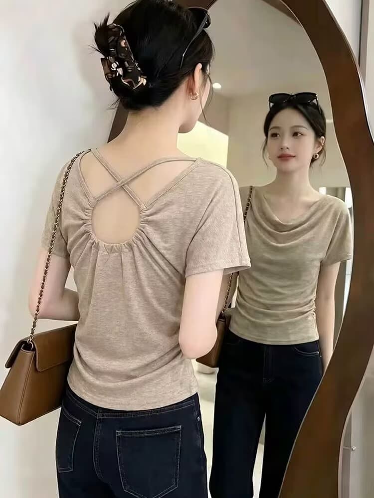 실사 여름 프랑스식 품격 섹시함 핫걸 홀로우 아웃 백리스 반팔 티셔츠 여성 고유 한 Chic 디자인 센스 맨위 상세 이미지 4