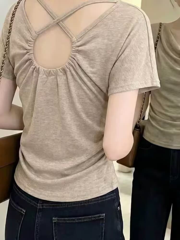 실사 여름 프랑스식 품격 섹시함 핫걸 홀로우 아웃 백리스 반팔 티셔츠 여성 고유 한 Chic 디자인 센스 맨위 상세 이미지 6
