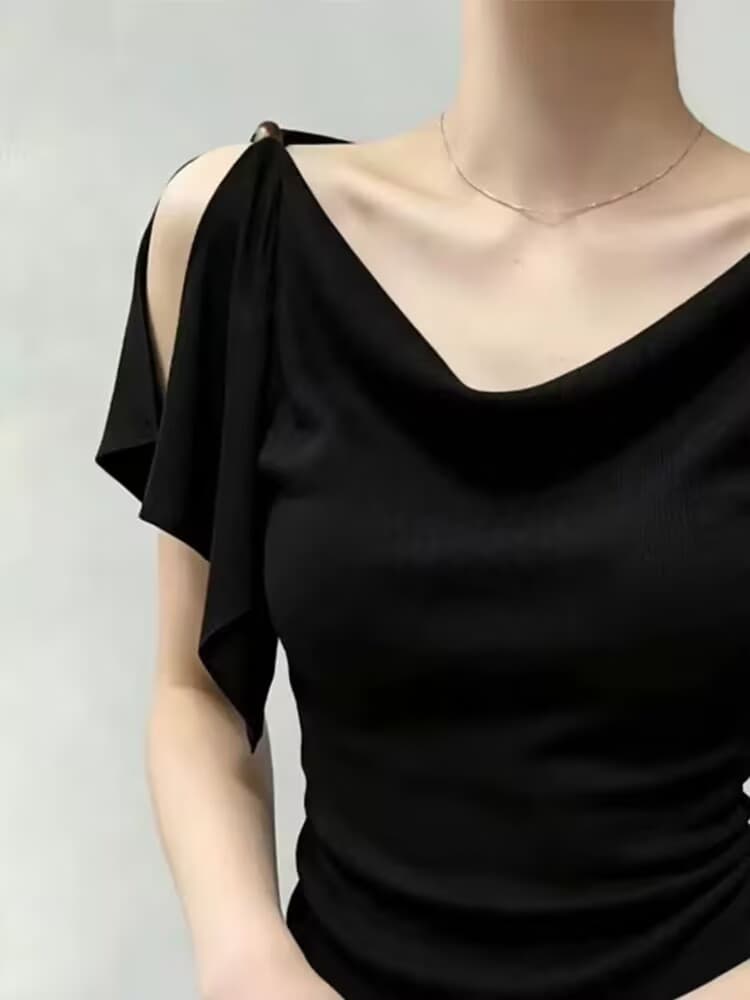 실사 여름 핫걸 바람 디자인 센스 흔들다 칼라 섹시함 오프숄더 쇄골 반팔 티셔츠 여성 꼬집기 허리 슬림해 보이는 맨위 이미지 2