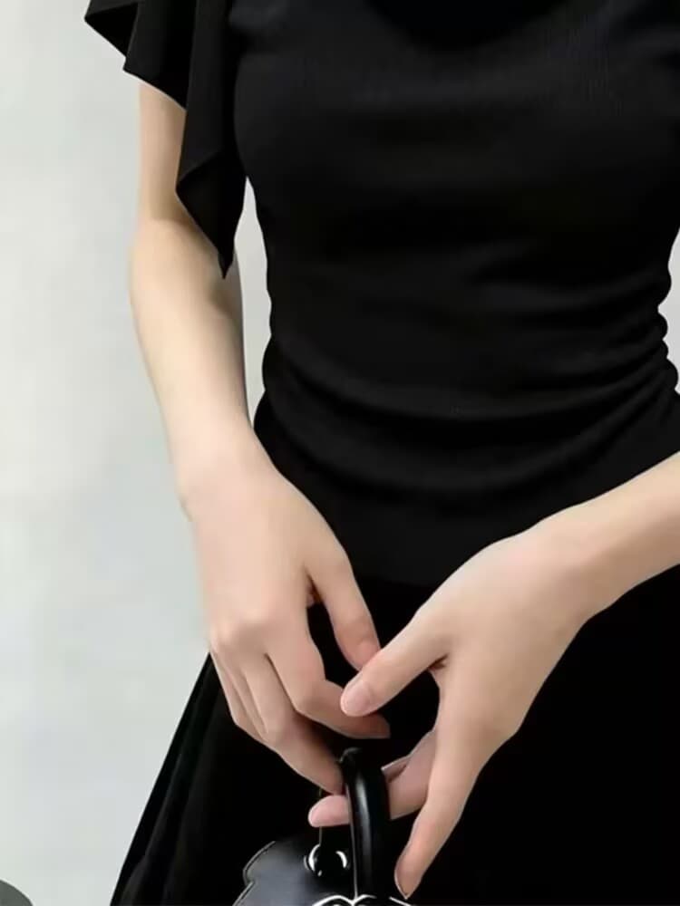 실사 여름 핫걸 바람 디자인 센스 흔들다 칼라 섹시함 오프숄더 쇄골 반팔 티셔츠 여성 꼬집기 허리 슬림해 보이는 맨위 이미지 4