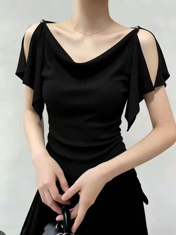 실사 여름 핫걸 바람 디자인 센스 흔들다 칼라 섹시함 오프숄더 쇄골 반팔 티셔츠 여성 꼬집기 허리 슬림해 보이는 맨위 상세 이미지 1