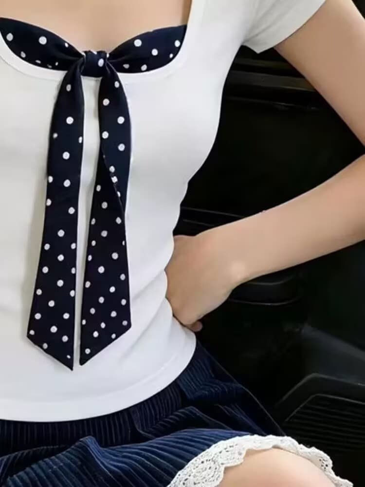 실사 여름 자이언트 잘 생긴 디자인 센스 나비 매듭 같이 갔다. 벨트 측면 칼라 긍정적 인 어깨 반팔 티셔츠 여성 몸매 가꾸기 쇼트 스타일 맨위 상세 이미지 2