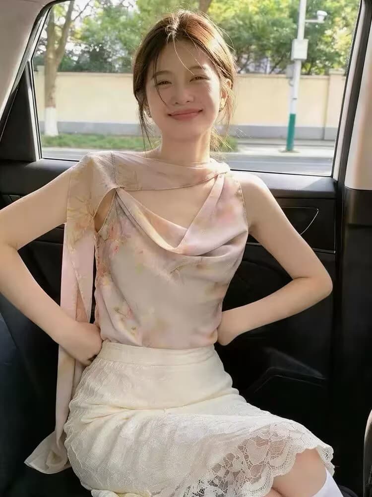 실사 여름 프랑스식 품격 리본 행침 목 흔들다 칼라 캐미솔 불규칙 민소매 맨위 인사이드 가져 가라. 외출용